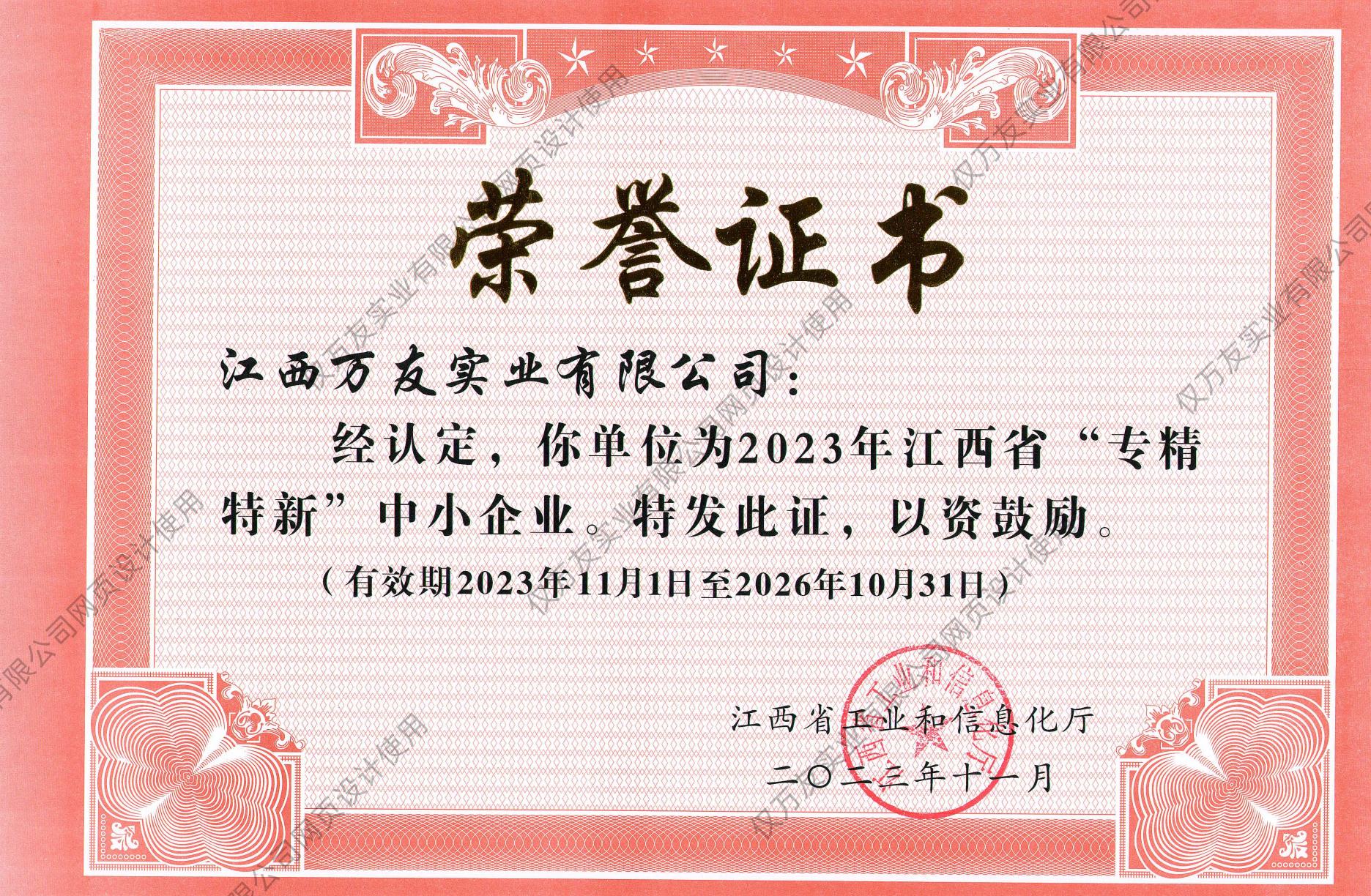江西省专精特新中小企业荣誉证书
